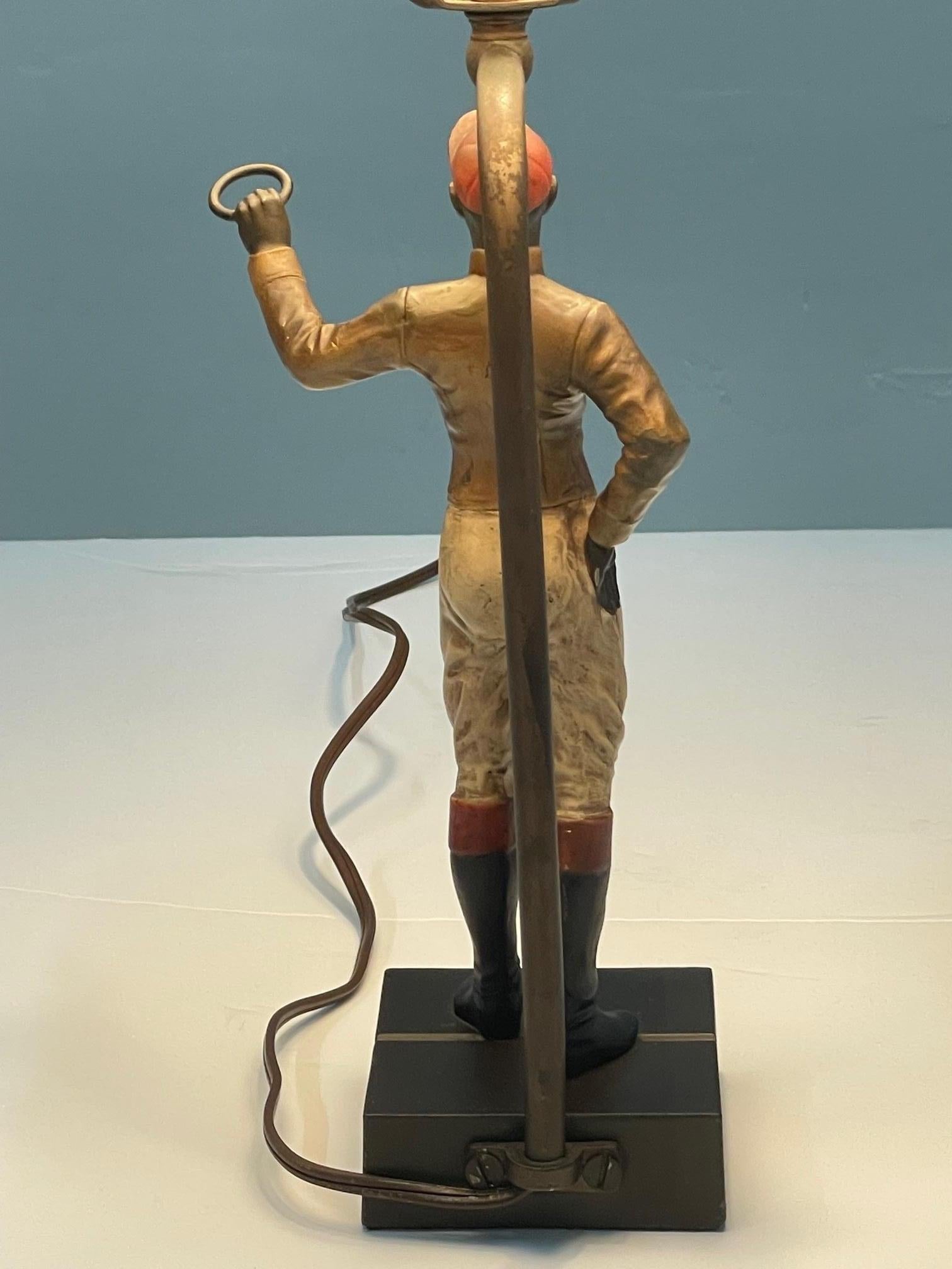 Vintage Patinated Metal Table Lamp with Sporty Standing Jockey 2