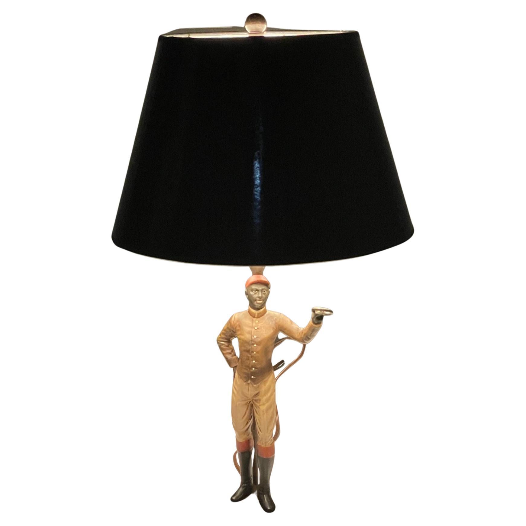 Vintage Patinated Metal Table Lamp with Sporty Standing Jockey For Sale