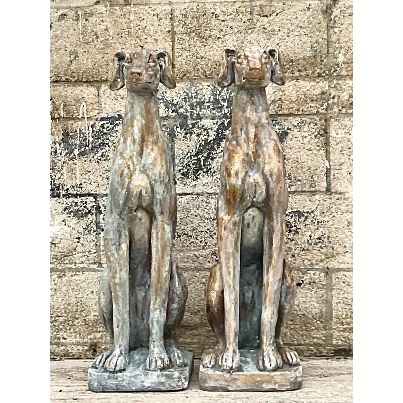 North American Vintage Patinated Mottled Ceramic Dogs, a Pair