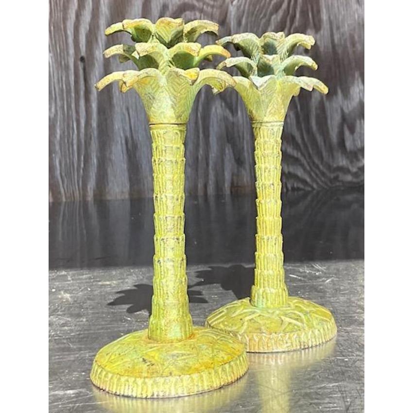 Mid-Century Modern Vintage Patinated Palm Candle Sticks - a Pair