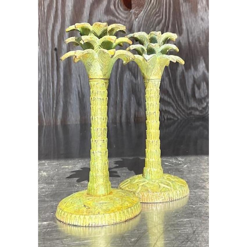 American Vintage Patinated Palm Candle Sticks - a Pair