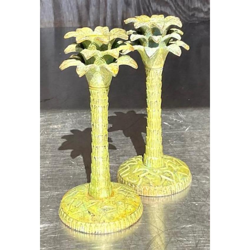 Vintage Patinated Palm Candle Sticks - a Pair In Good Condition In west palm beach, FL