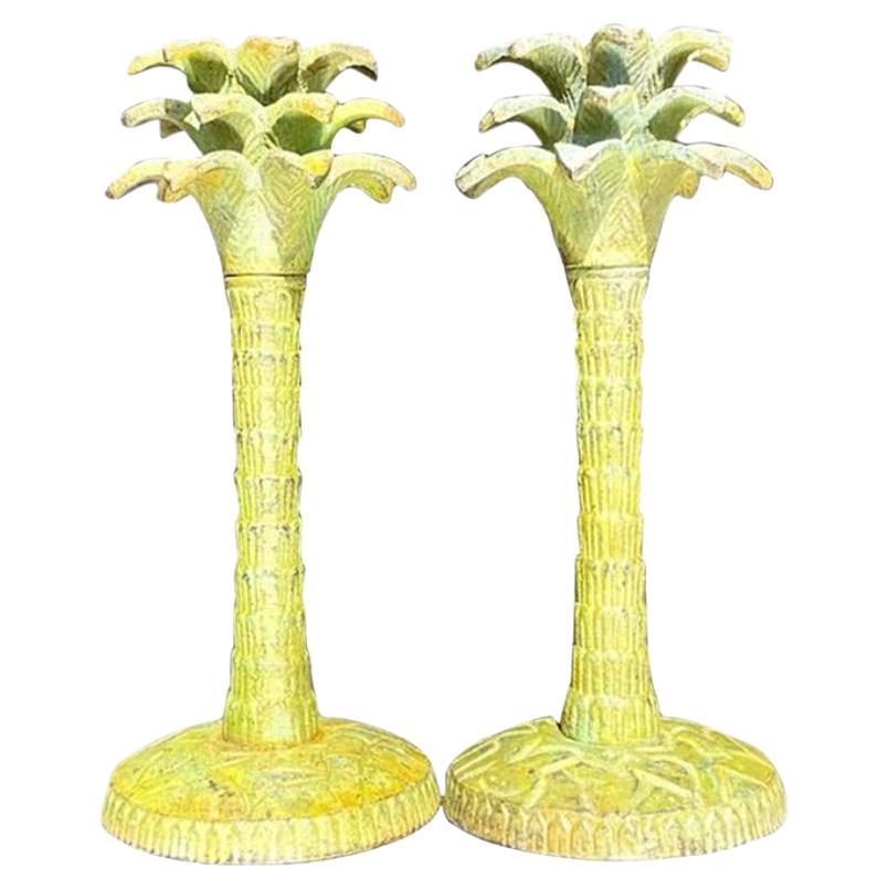 Vintage Patinated Palm Candle Sticks - a Pair