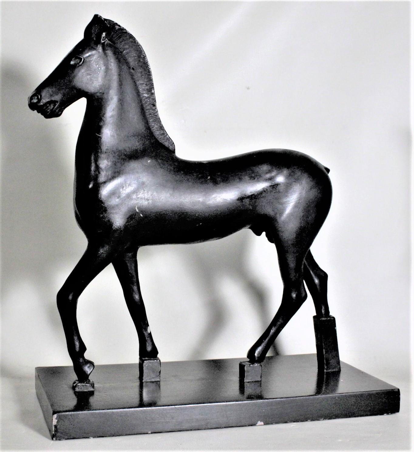 This vintage stylized horse sculpture is unsigned, with no indication of where it was made, but presumed to date to approximately 1965. This stylized horse sculpture appears to be a rendering or model of a museum installation from the Greco-Roman