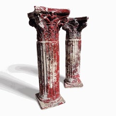 Vintage Patinated Red Resin Corinthian Column Plant Stand Pedestals - Pair