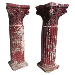 Vintage Patinated Red Resin Corinthian Column Plant Stand Pedestals - Pair