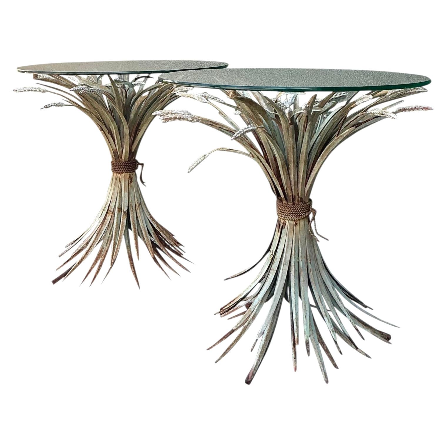 Vintage Patinated Sheath of Wheat Side Tables - A Pair For Sale