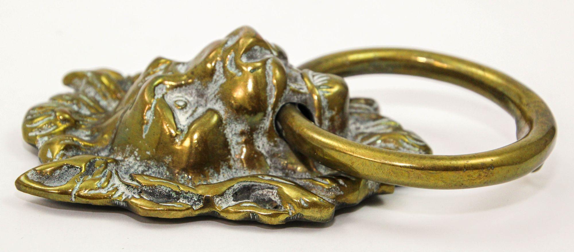 French Vintage Patinated Solid Cast Brass Lion's Head Door Knocker