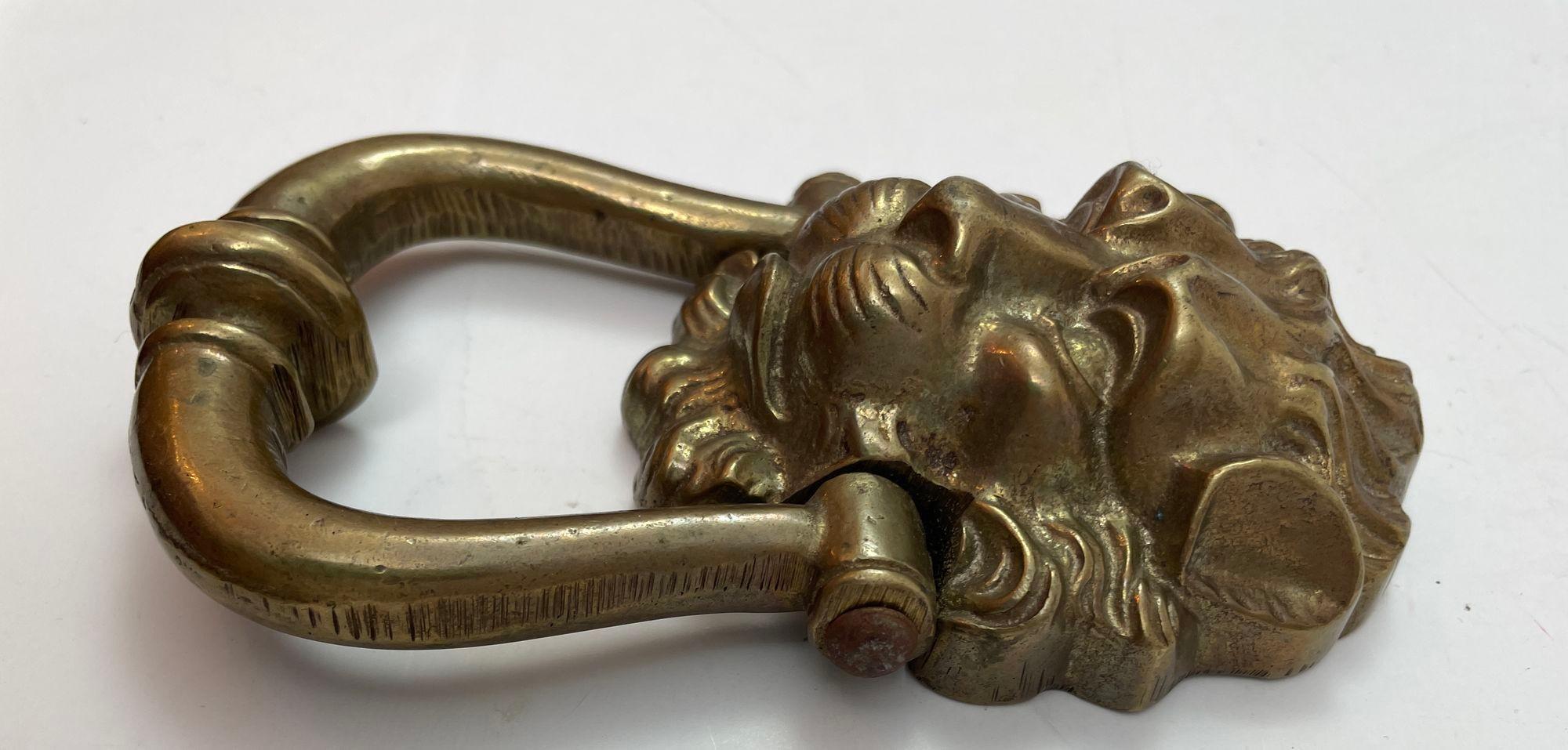 English Vintage Patinated Solid Cast Brass Lion's Head Door Knocker For Sale