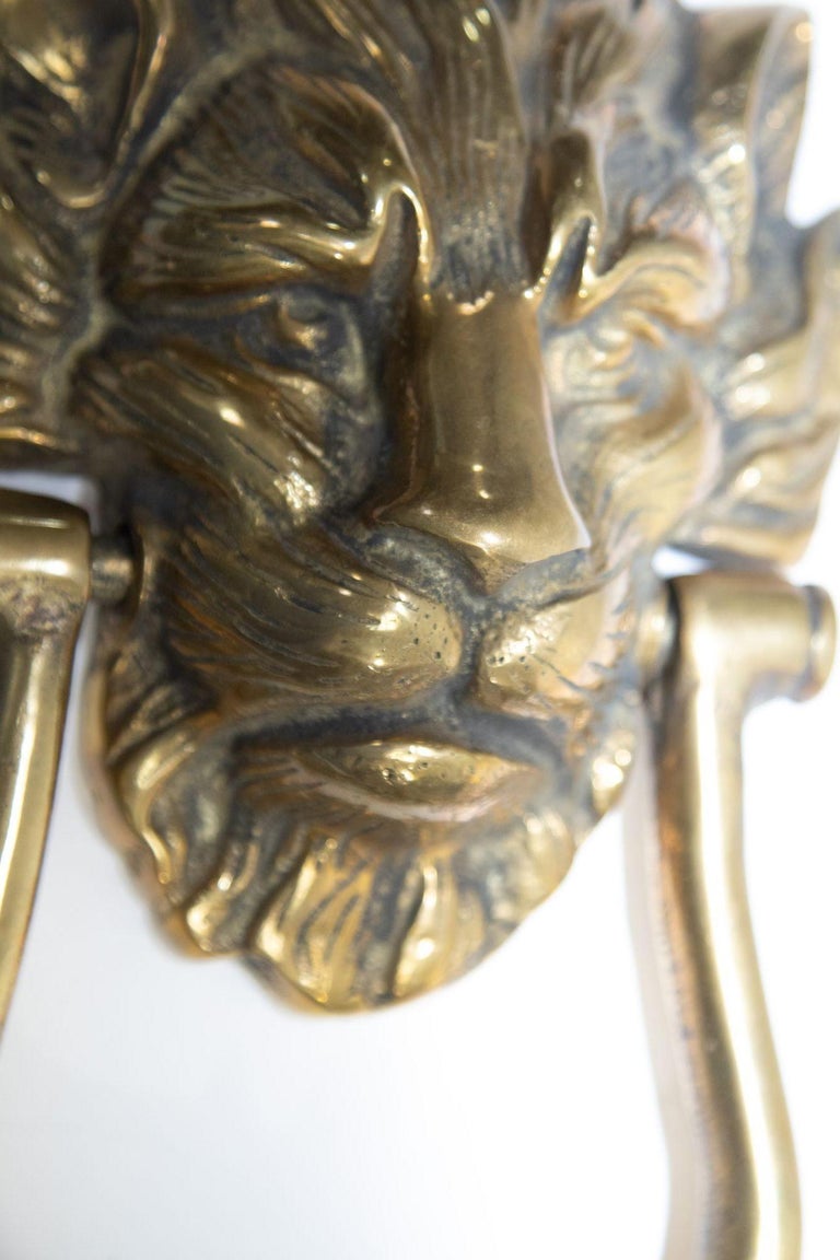 Vintage Patinated Solid Cast Brass Lion's Head Door Knocker For Sale at