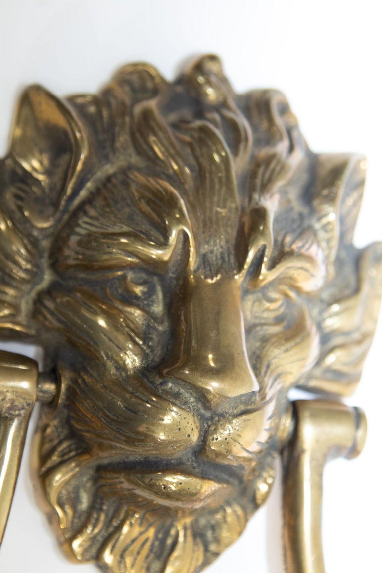 Vintage Patinated Solid Cast Brass Lion's Head Door Knocker For Sale at
