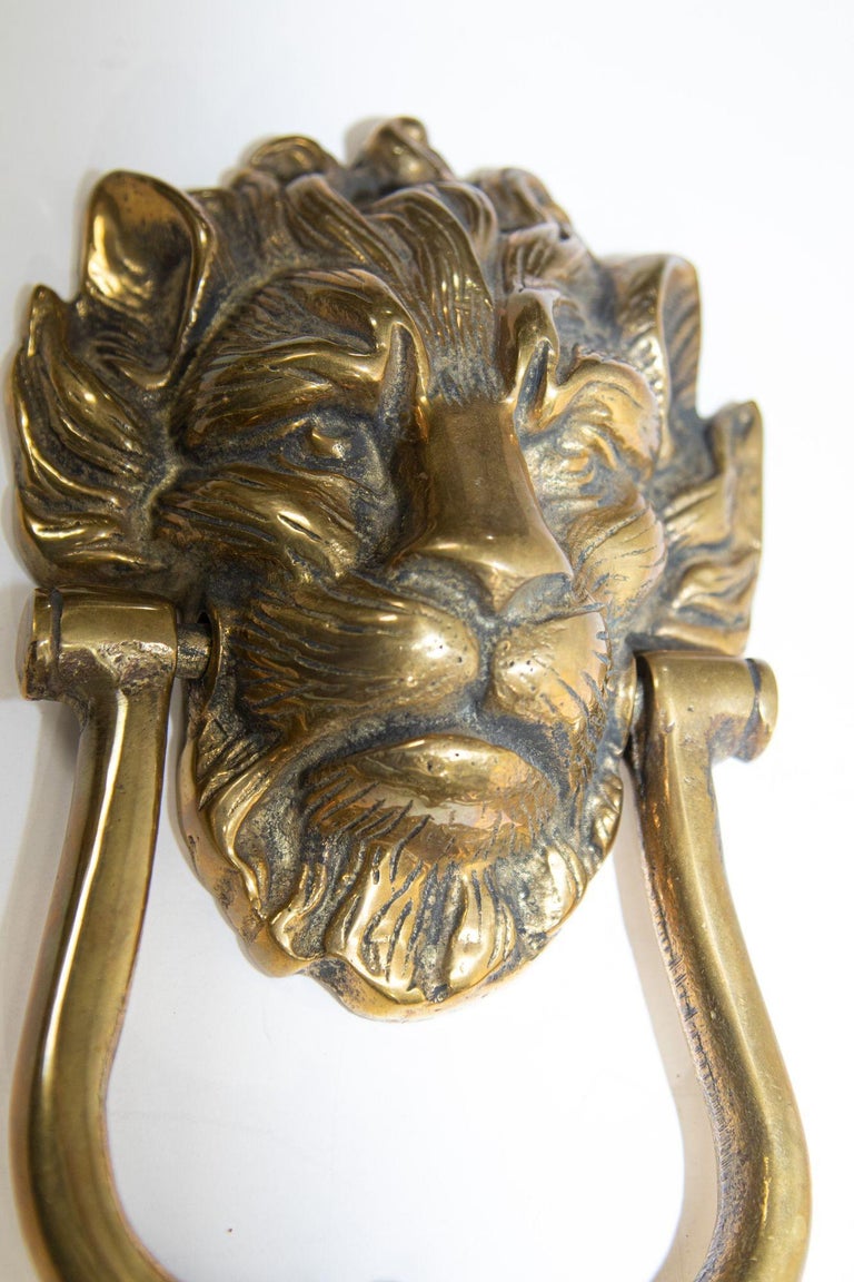 Vintage Patinated Solid Cast Brass Lion's Head Door Knocker For Sale at