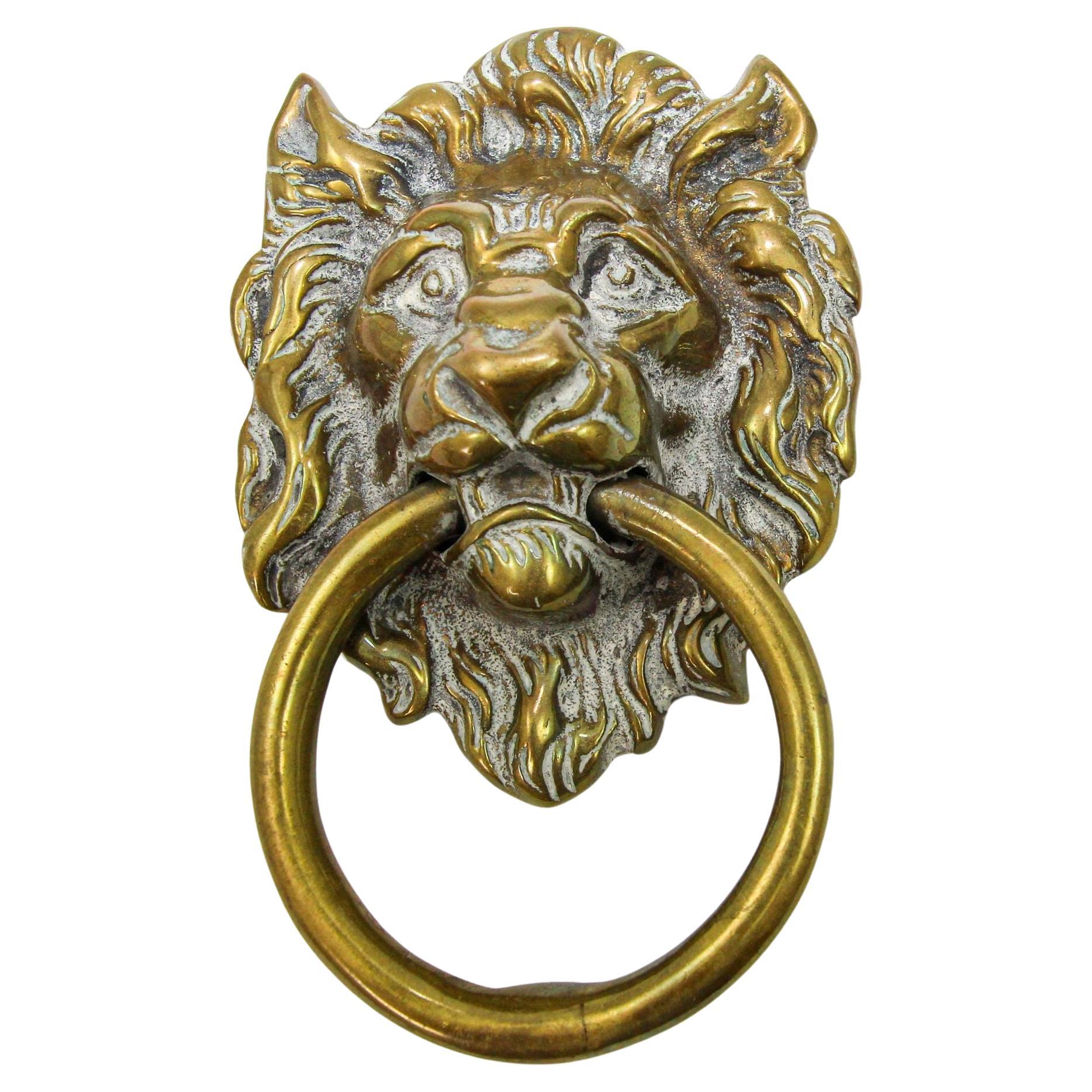 Vintage Patinated Solid Cast Brass Lion's Head Door Knocker