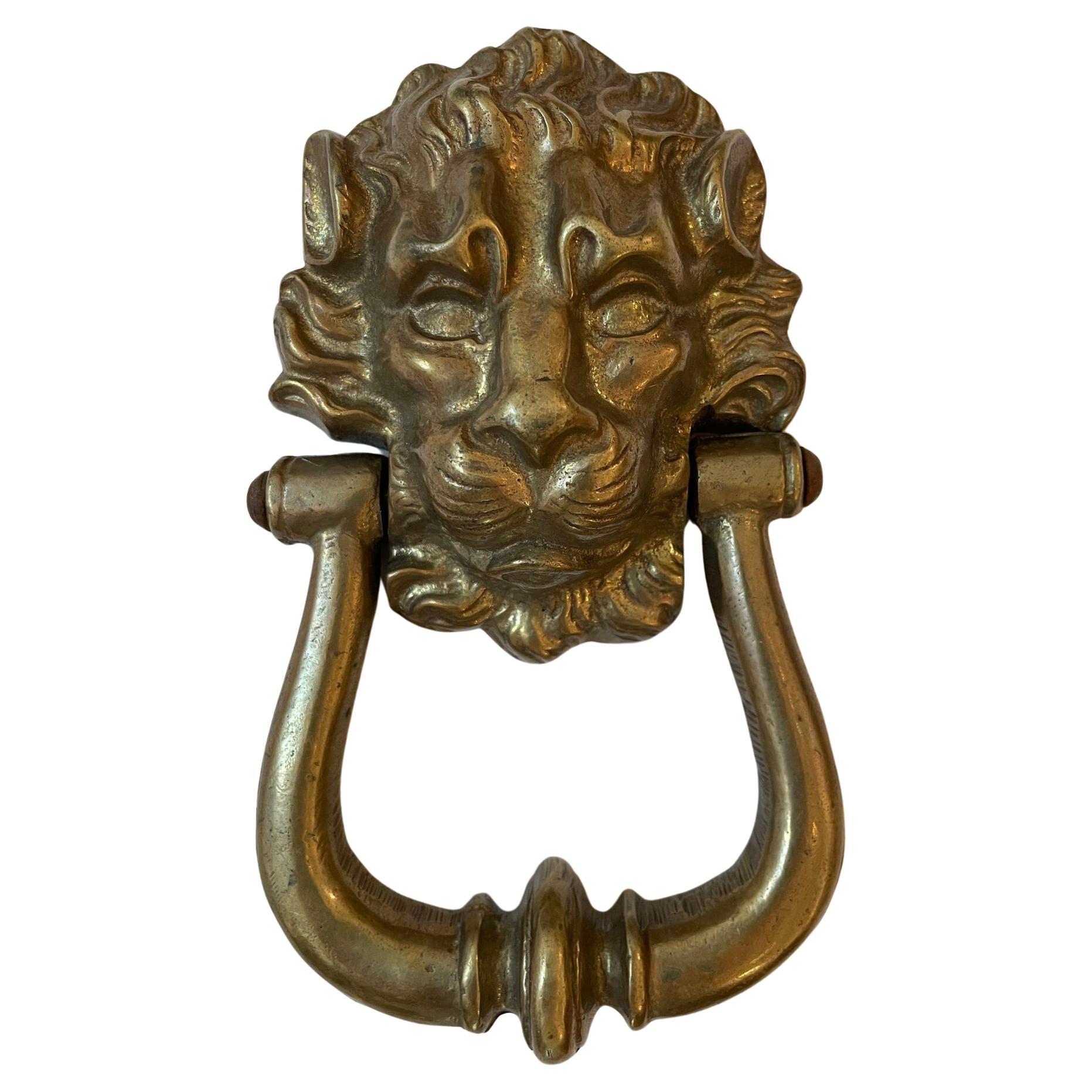 Vintage Patinated Solid Cast Brass Lion's Head Door Knocker For Sale