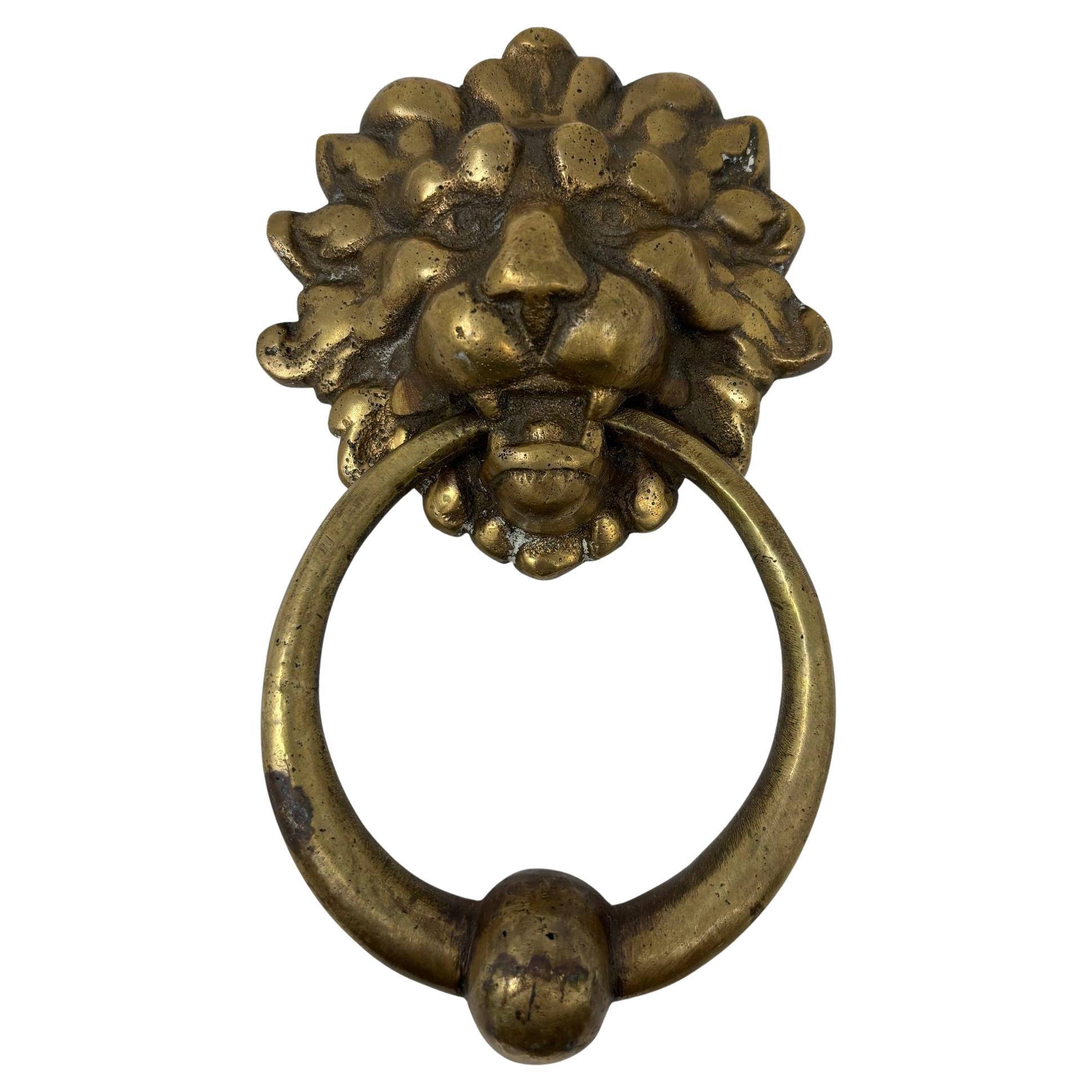 Vintage Patinated Solid Cast Brass Lion's Head Door Knocker