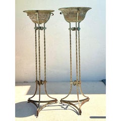 Vintage Patinated Twisted Wrought Iron and Copper Plant Stands