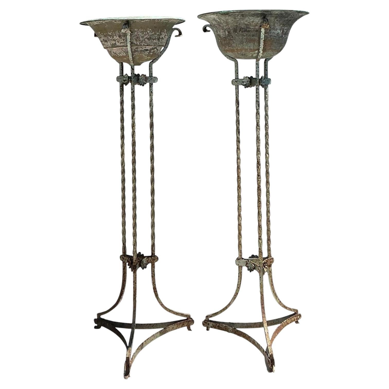 Vintage Patinated Twisted Wrought Iron and Copper Plant Stands For Sale