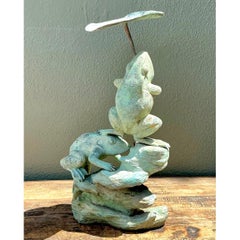 Vintage Patinated Verdigris Garden Frogs Sculpture