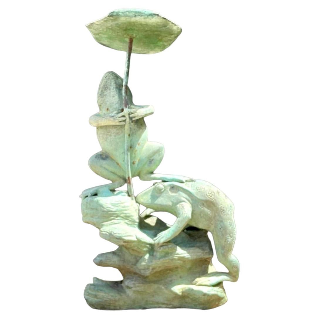 Vintage Patinated Verdigris Garden Frogs Sculpture