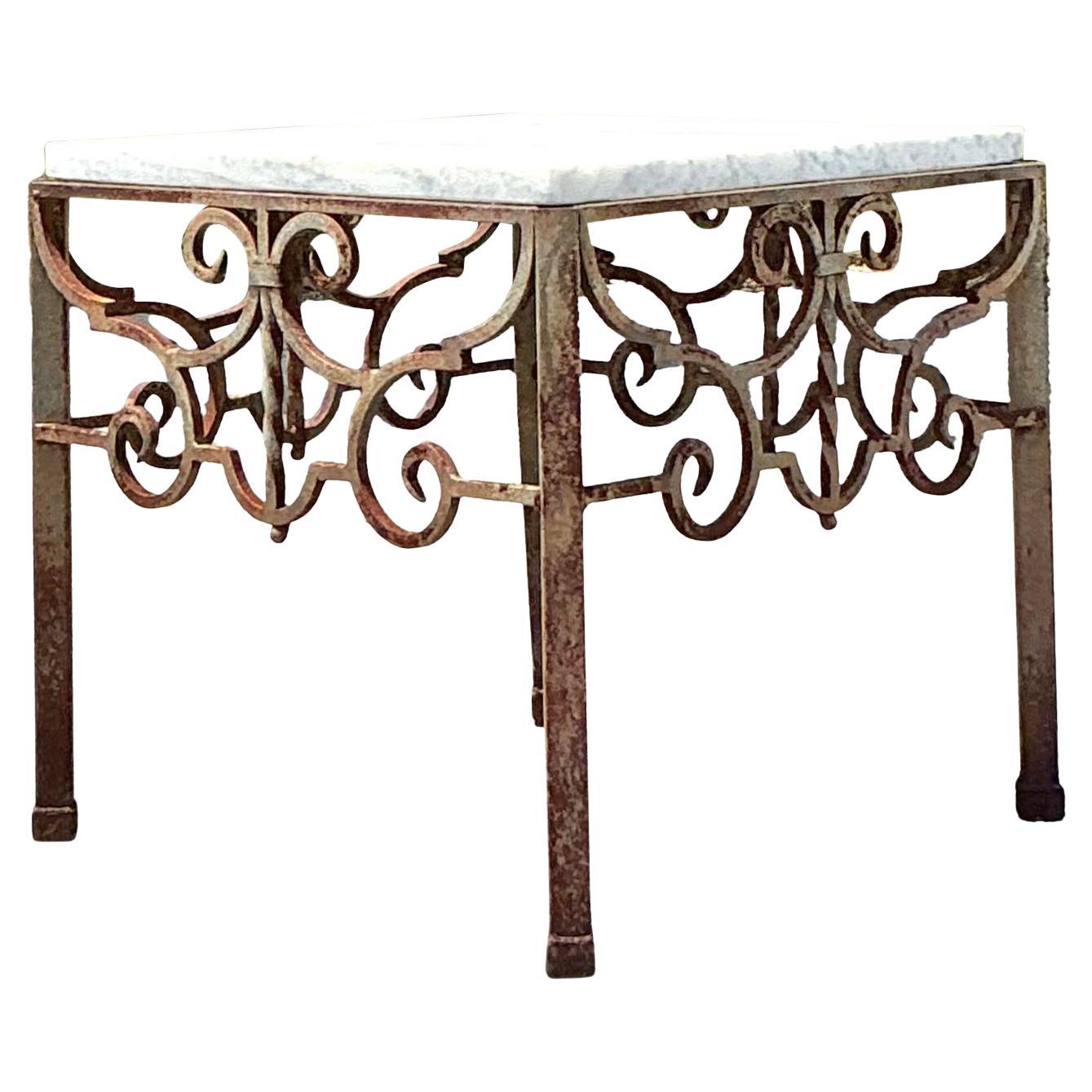 Vintage Patinated Wrought Iron Scroll Beistelltisch