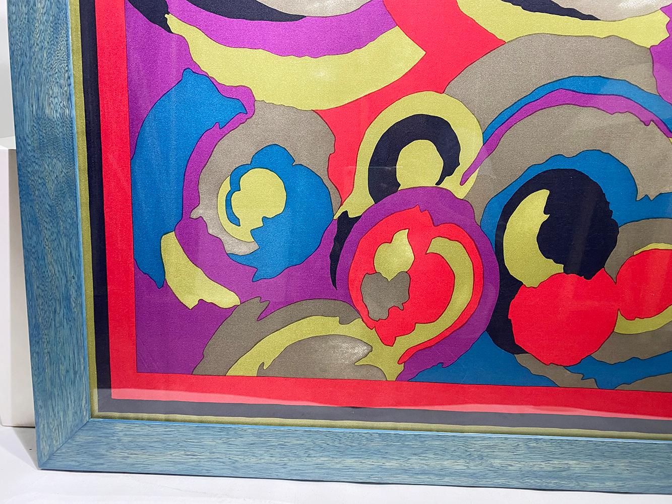 Mid-Century Modern Vintage Patoly Framed Silk Scarf with Colorful Organic Shapes For Sale