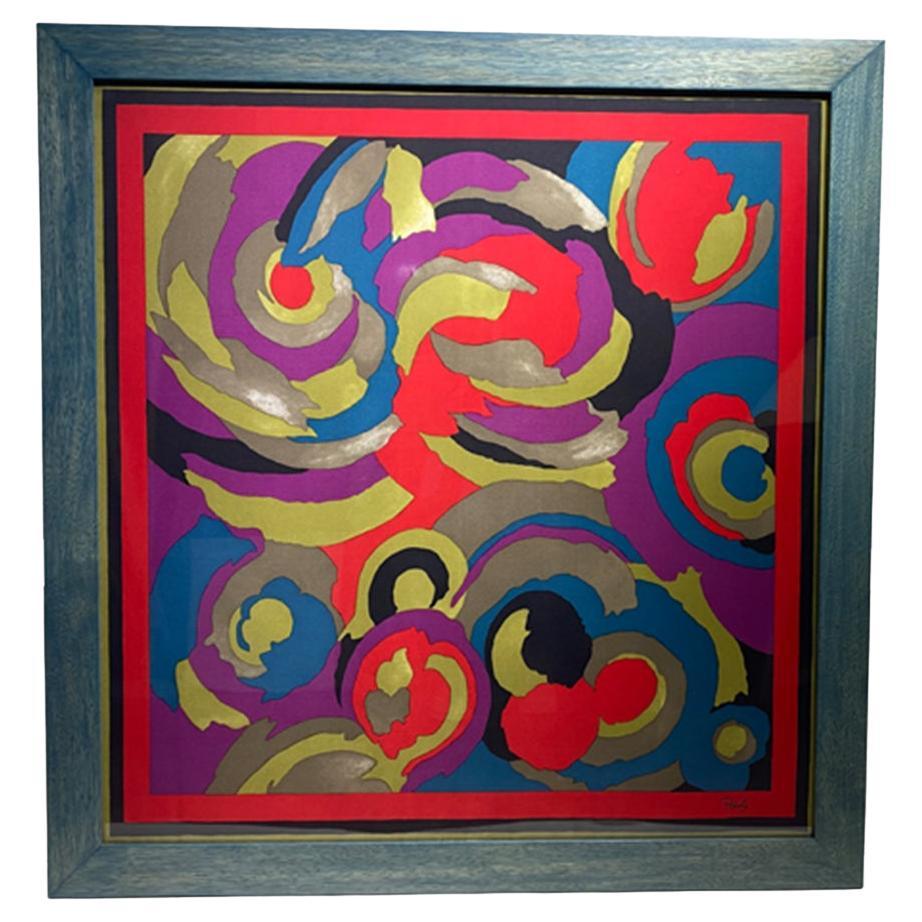 Vintage Patoly Framed Silk Scarf with Colorful Organic Shapes For Sale