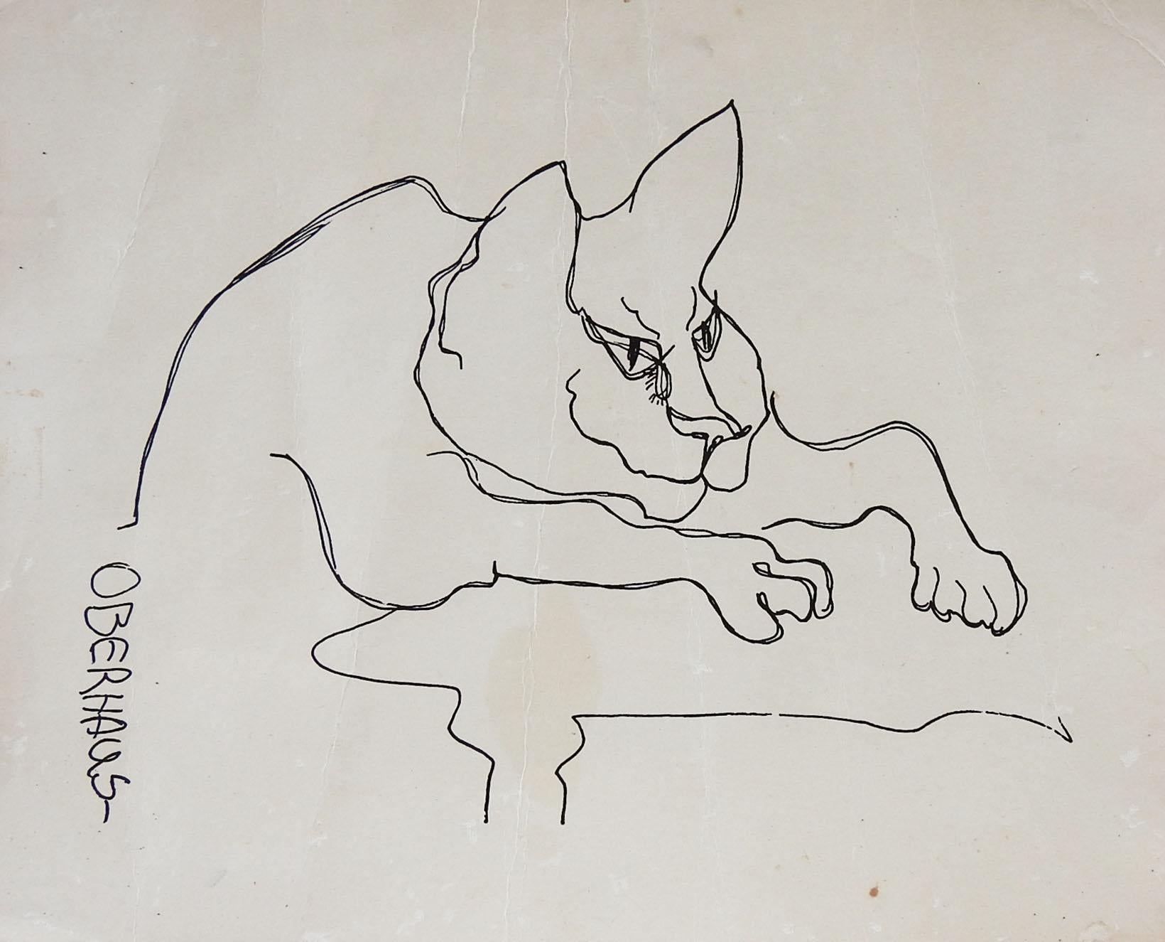 Modern Vintage Patricia Oberhaus Cat Drawing For Sale