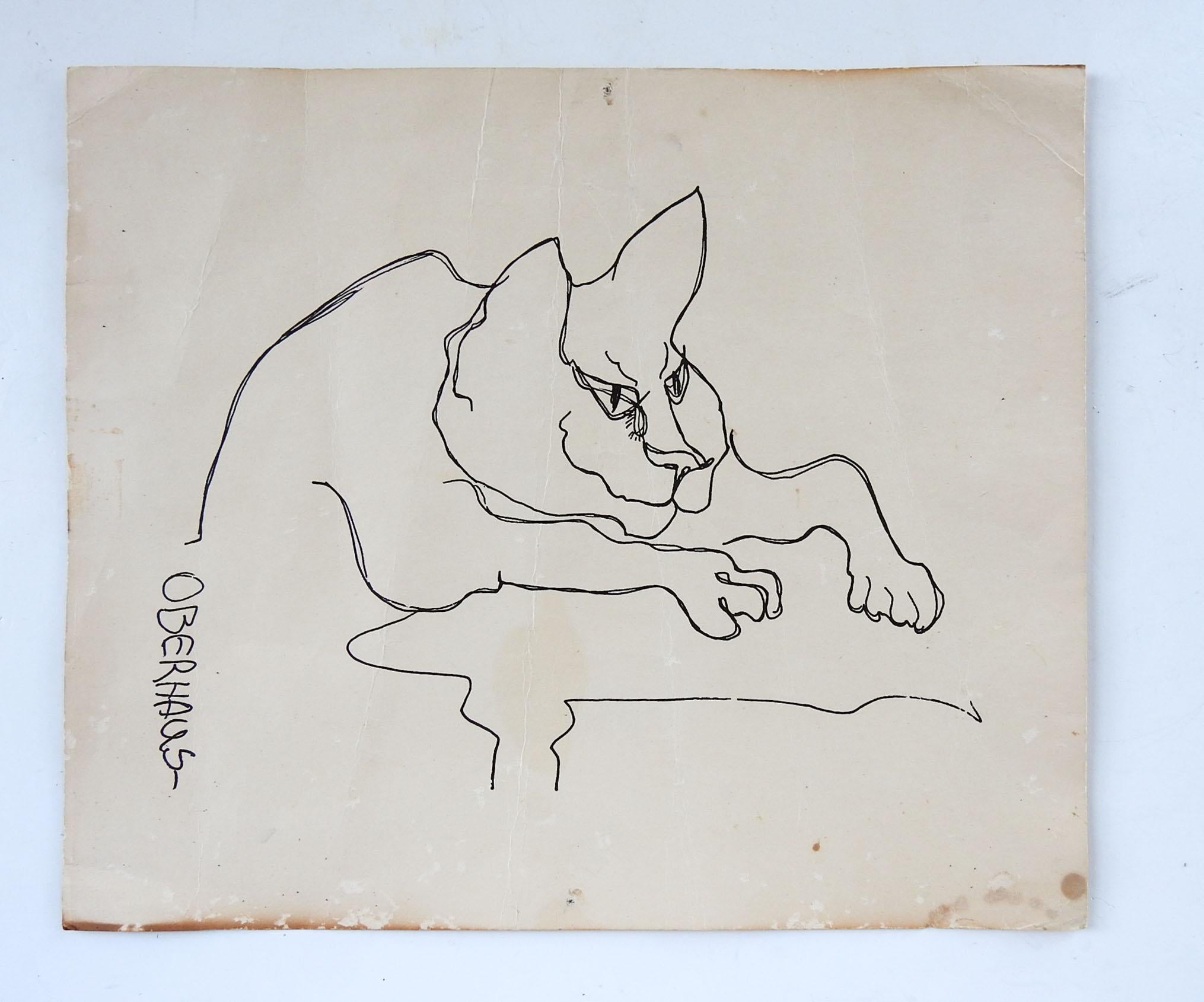 American Vintage Patricia Oberhaus Cat Drawing For Sale