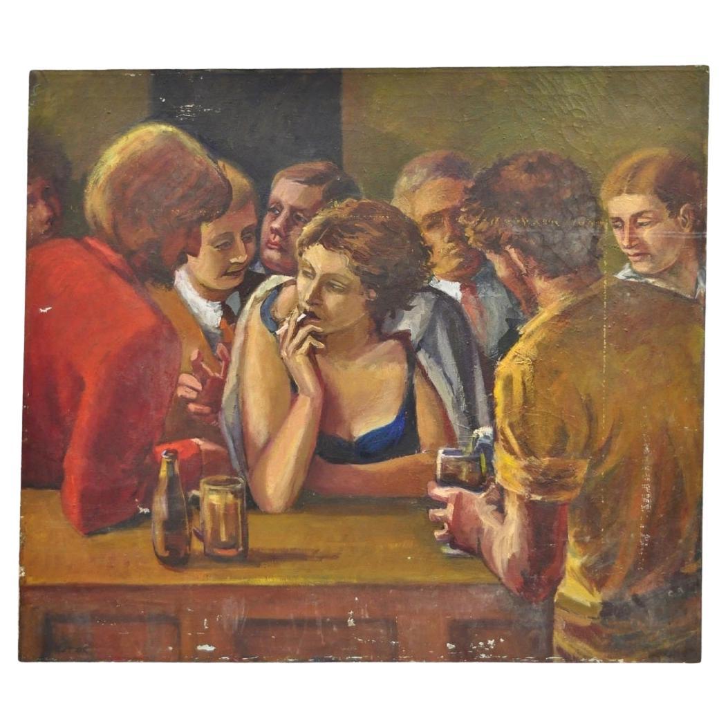 Vintage Patricia Stone "The Bar" Großes Öl auf Leinwand Art Deco Gemälde, signiert im Angebot