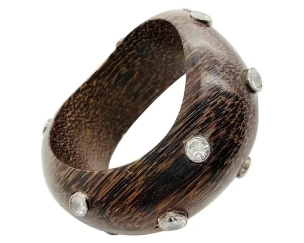 An Oversized Unsigned Patricia Von Muslin Geometric Wood Carved Bangle With Sterling Silver Bezels With Quartz Stones. Measures 3