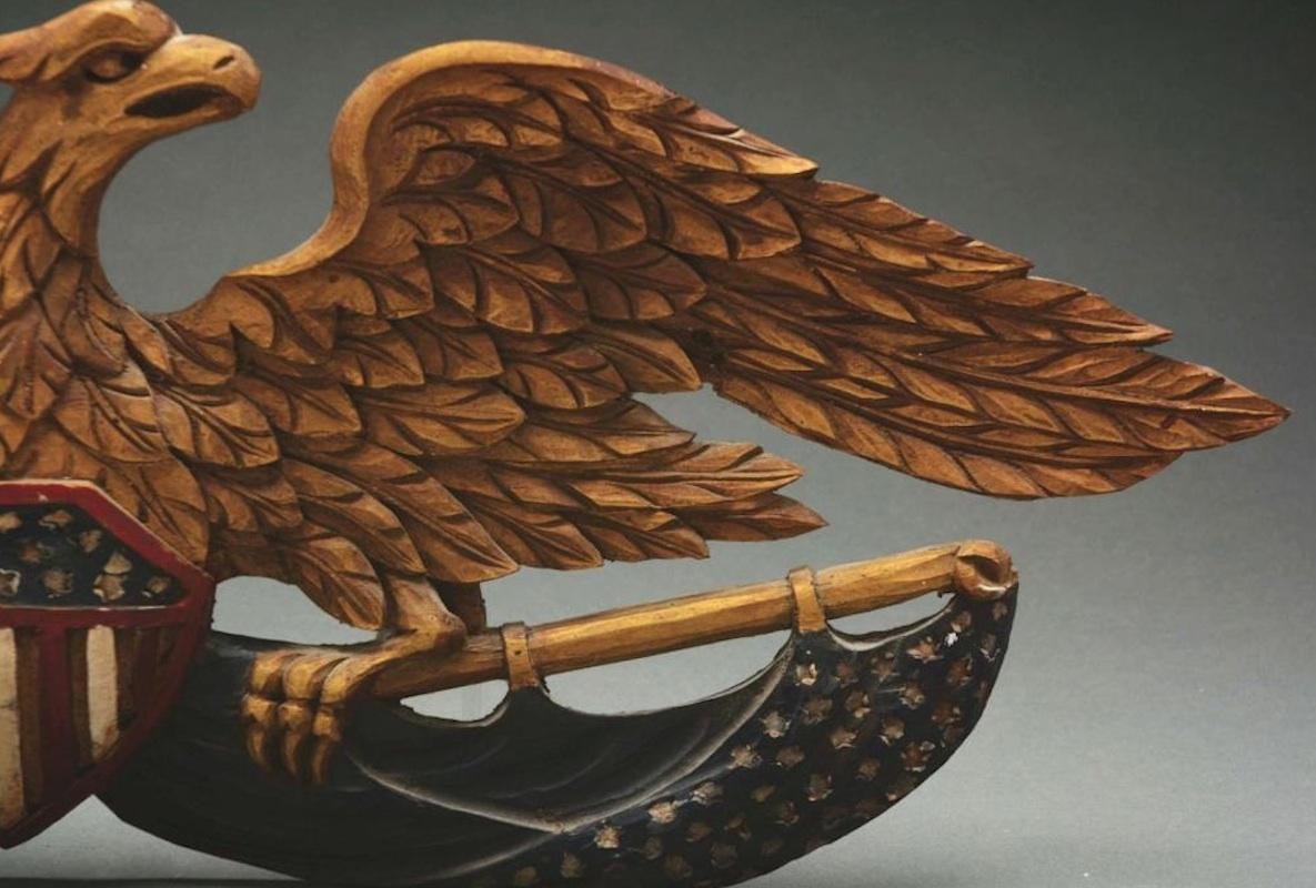 Vintage Eagle with Shield and Flag Carving, Mid-20th Century In Good Condition In Colorado Springs, CO