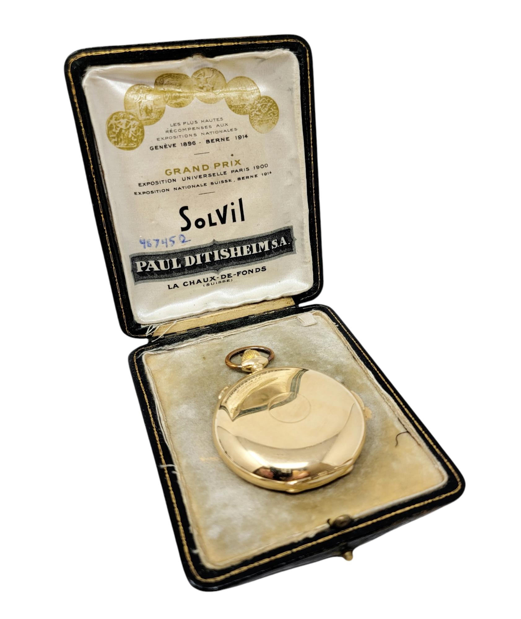 Vintage Paul Ditisheim 18 Karat Yellow Gold Pocket Watch, Solvil Original Box For Sale 9