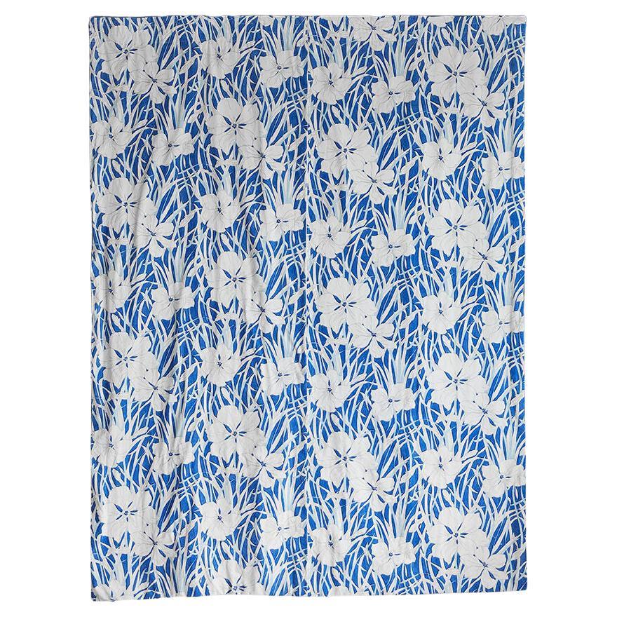 Vintage Paul Dumas Textile with Floral Pattern in Blue and White, France, 1920's