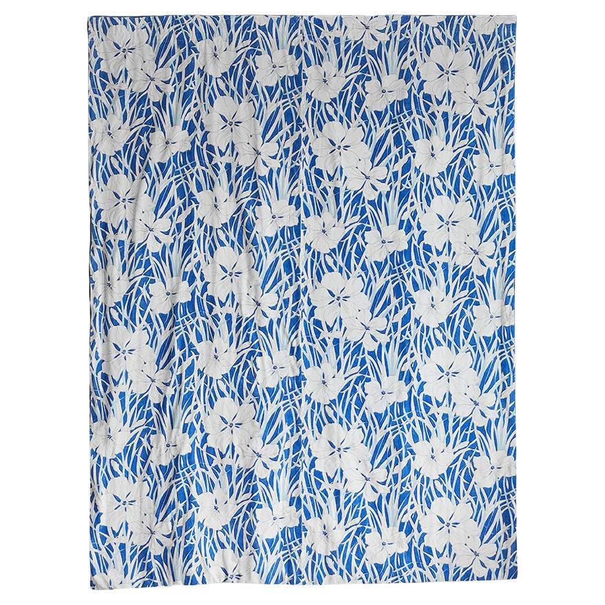 Vintage Paul Dumas Textile with Floral Pattern in Blue and White, France, 1920s For Sale