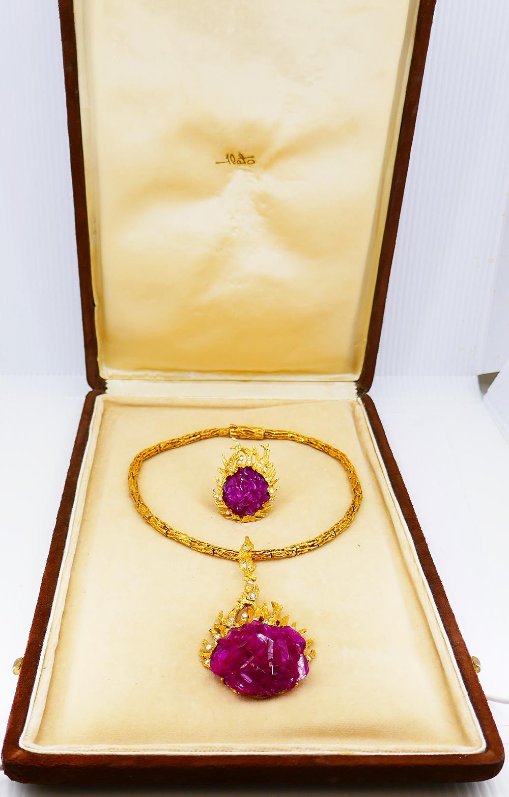 Vintage Paul Flato Halskette Brosche Ring Set 14k Gold Rubin Diamant Estate Jewelry im Zustand „Gut“ im Angebot in Beverly Hills, CA