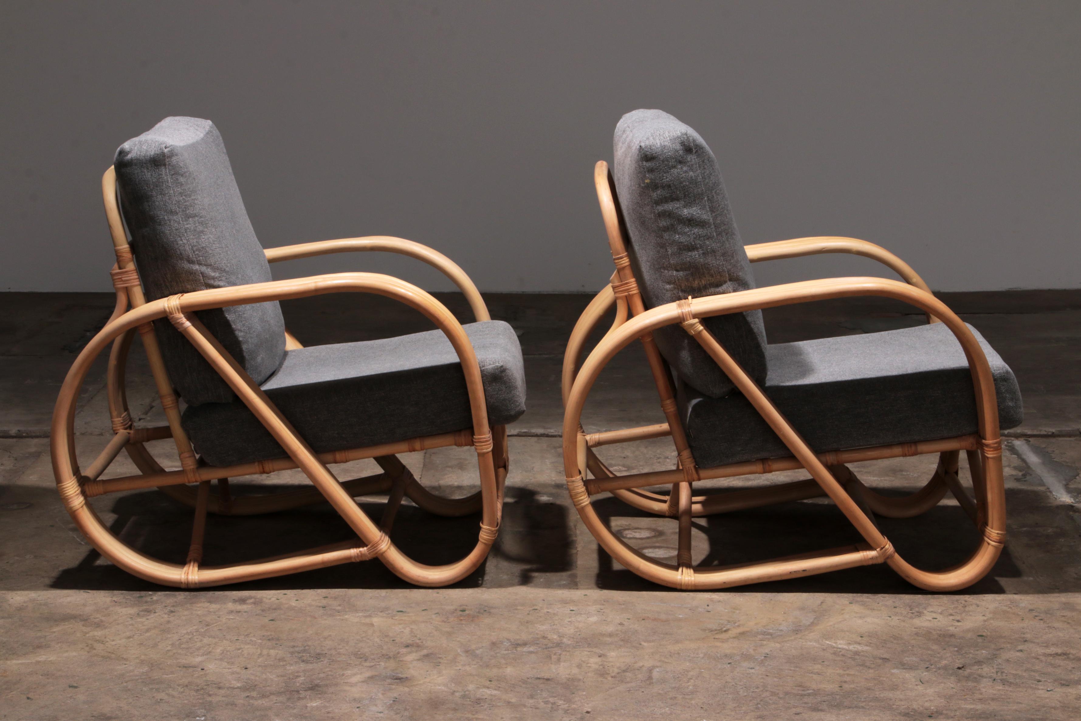 Fabric Vintage Paul Frankl 1970s Rattan Bamboo Lounge Chairs