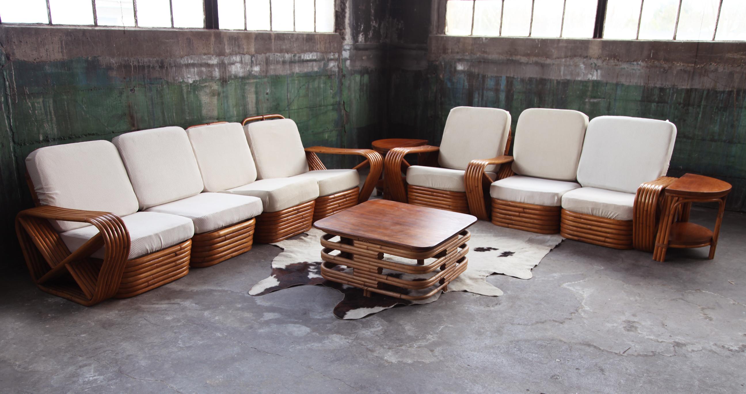 Very sought after large and complete beautiful modular Paul Frankl sofa sectional set with three end tables. This is the very rare Six-strand stacked bamboo and rattan living room set to die for! Set includes:

-1 Square bamboo and Mahogany coffee