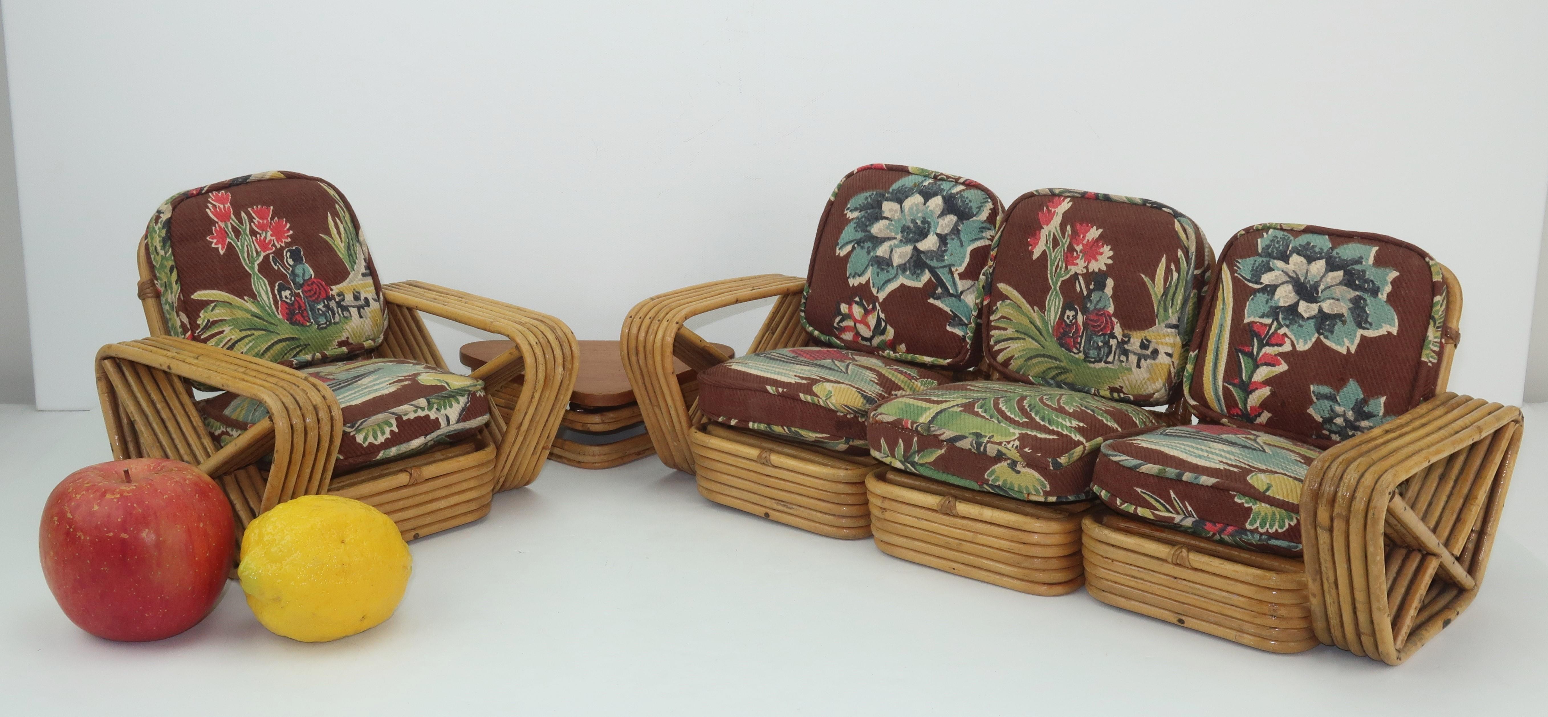 How cute is this! A miniature rattan and barkcloth set replicates Paul Frankl’s 1940’s design with an air of World War II era tropical style. The salesman sample consists of a three piece sofa, one arm chair, one side chair, one corner table, eight