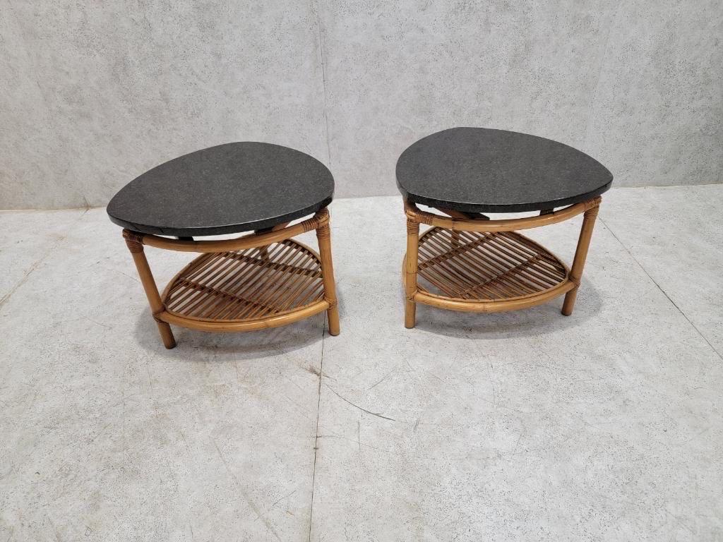 American Vintage Paul Frankl Style Coastal Rattan Side Tables - Pair For Sale