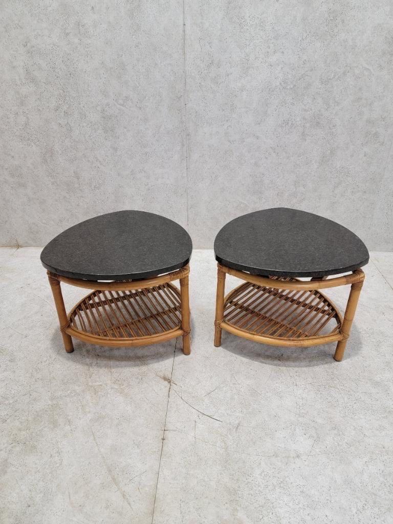 Vintage Paul Frankl Style Coastal Rattan Side Tables - Pair In Good Condition For Sale In Chicago, IL