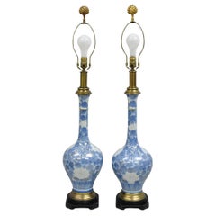 Vintage Paul Hanson Chinoiserie Blue Poreclain Flower Oriental Table Lamp Pair