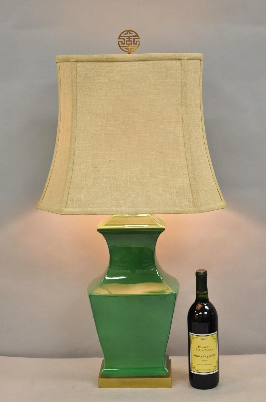 Vintage Paul Hanson Chinoiserie Green Porcelain Jardiniere Oriental Table Lamp. Circa Late 20th Century. Measurements: 34.5