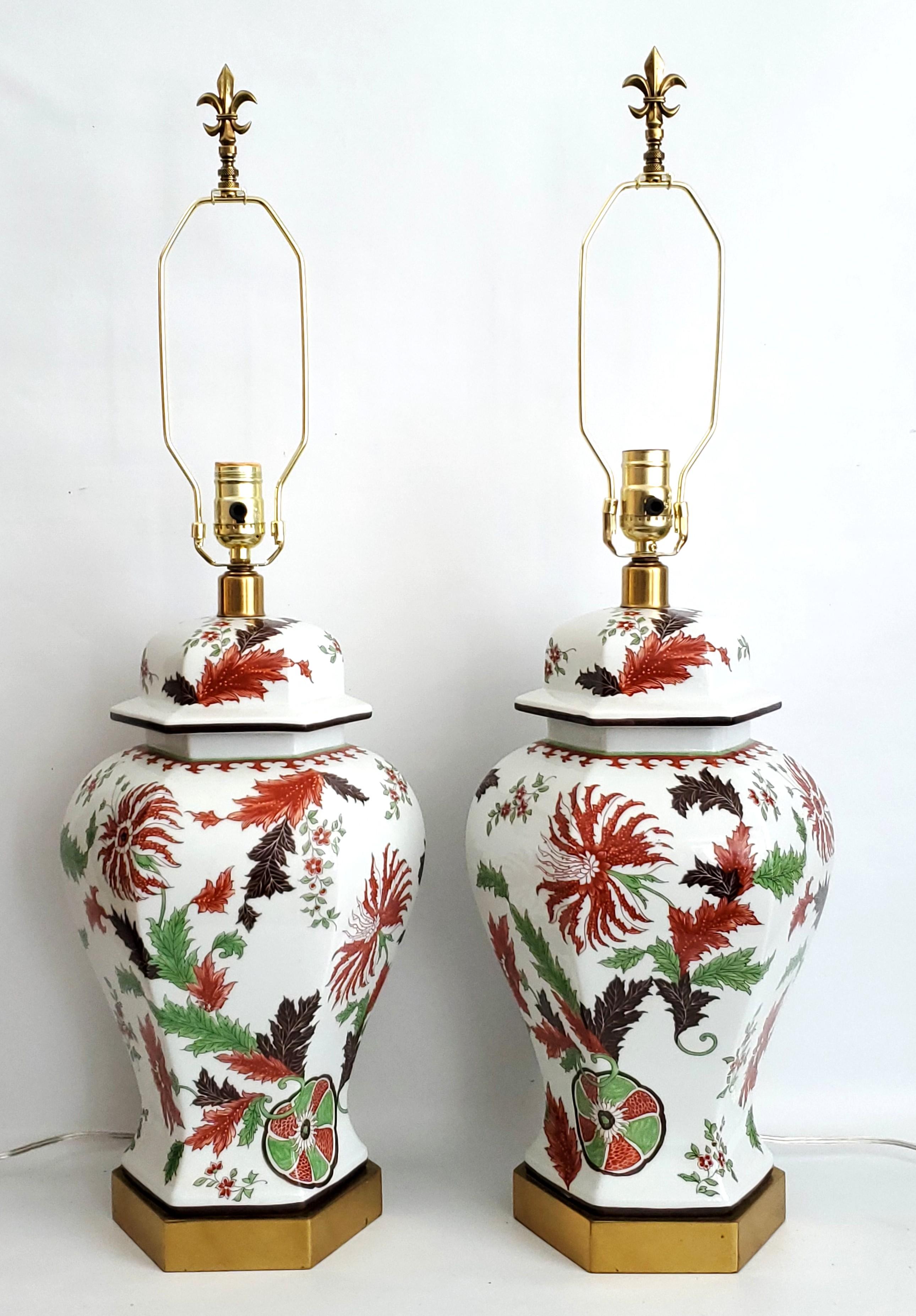 Esportazione cinese Lampade da tavolo vintage Paul Hanson - Porcelaine de Paris - Foglie di tabacco in vendita