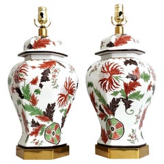 Vintage Paul Hanson Französisch Limoges Porcelaine de Paris Tobacco Leaf Tischlampen