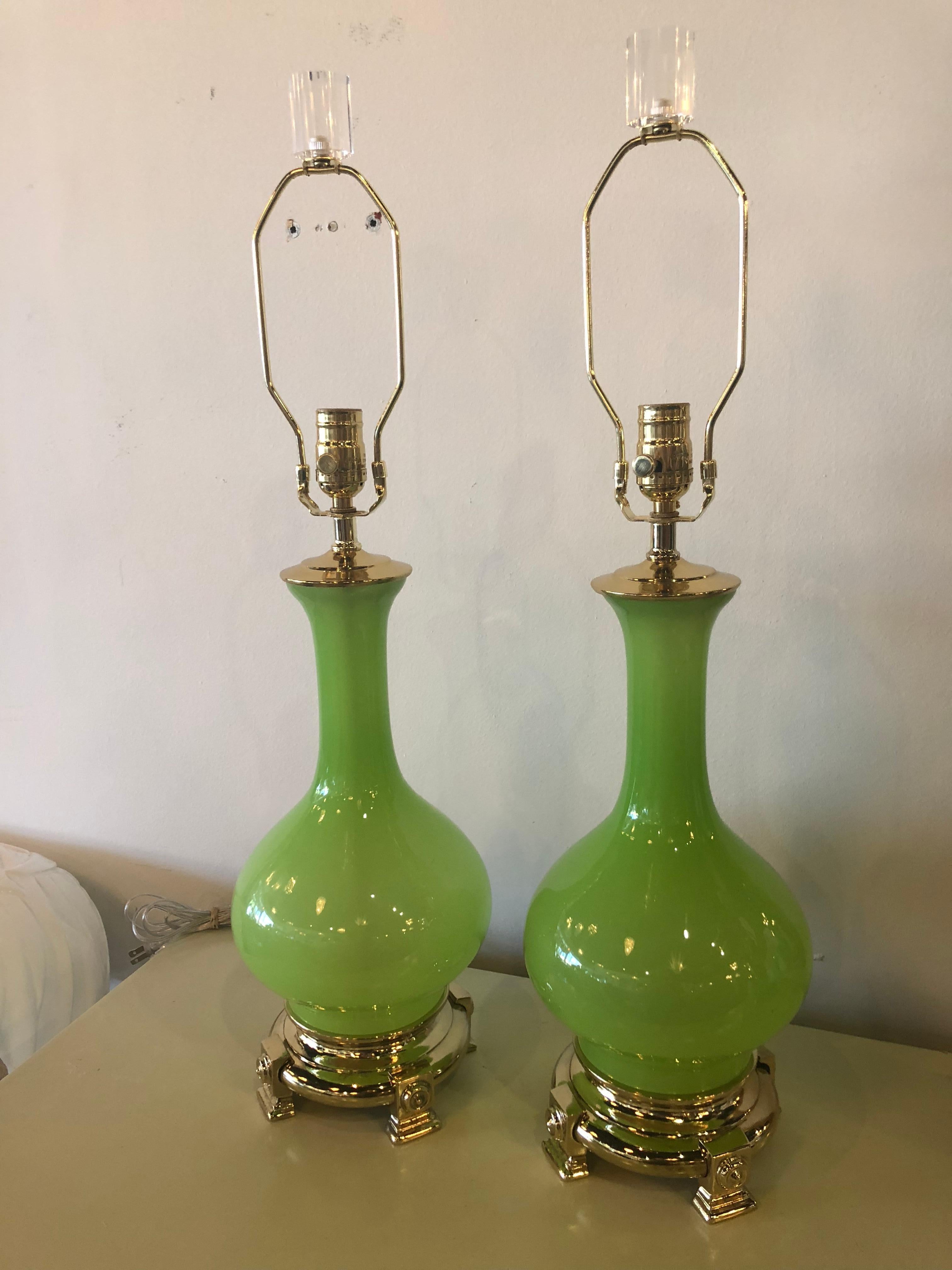 Vintage Paul Hanson Pair of Apple Green Opaline Glass Brass Table Lamps 1