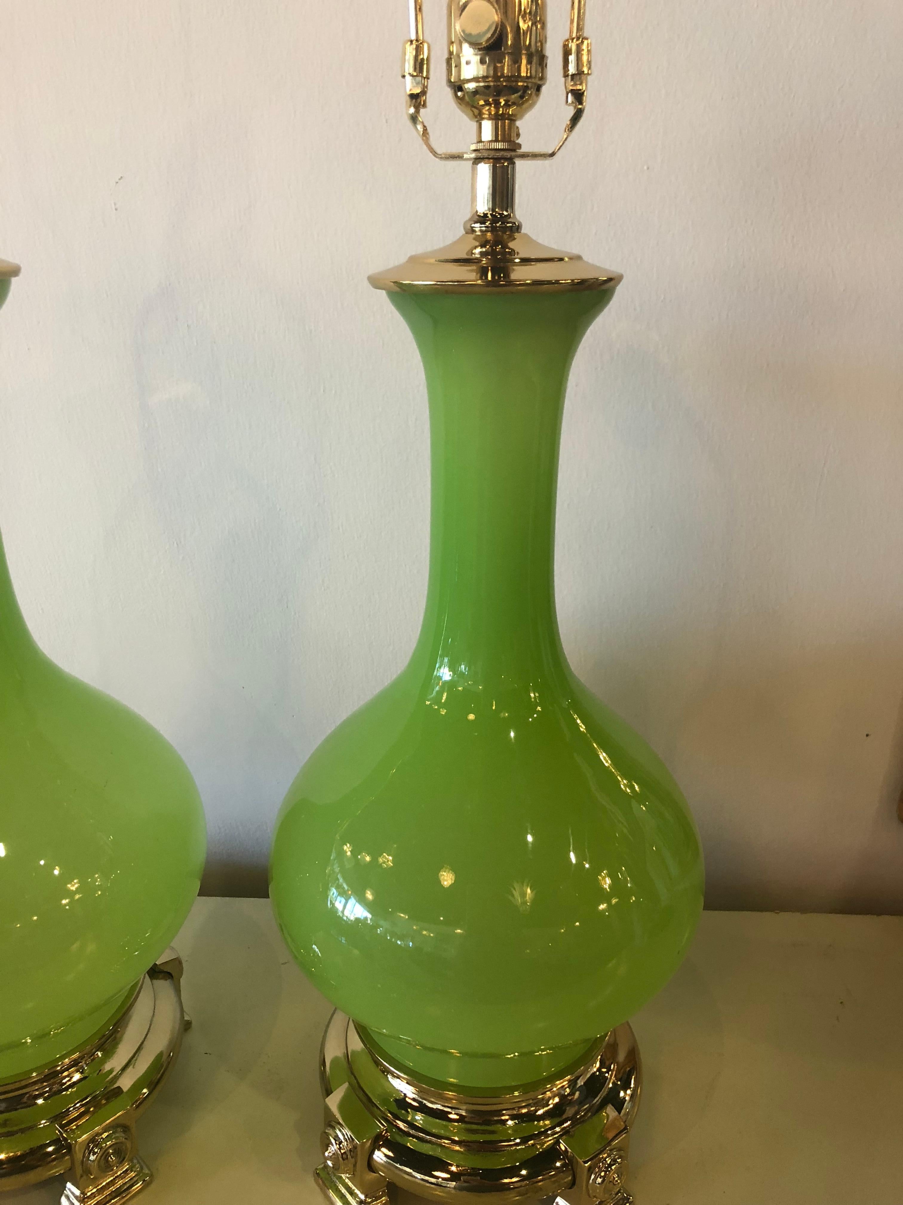 Vintage Paul Hanson Pair of Apple Green Opaline Glass Brass Table Lamps 2
