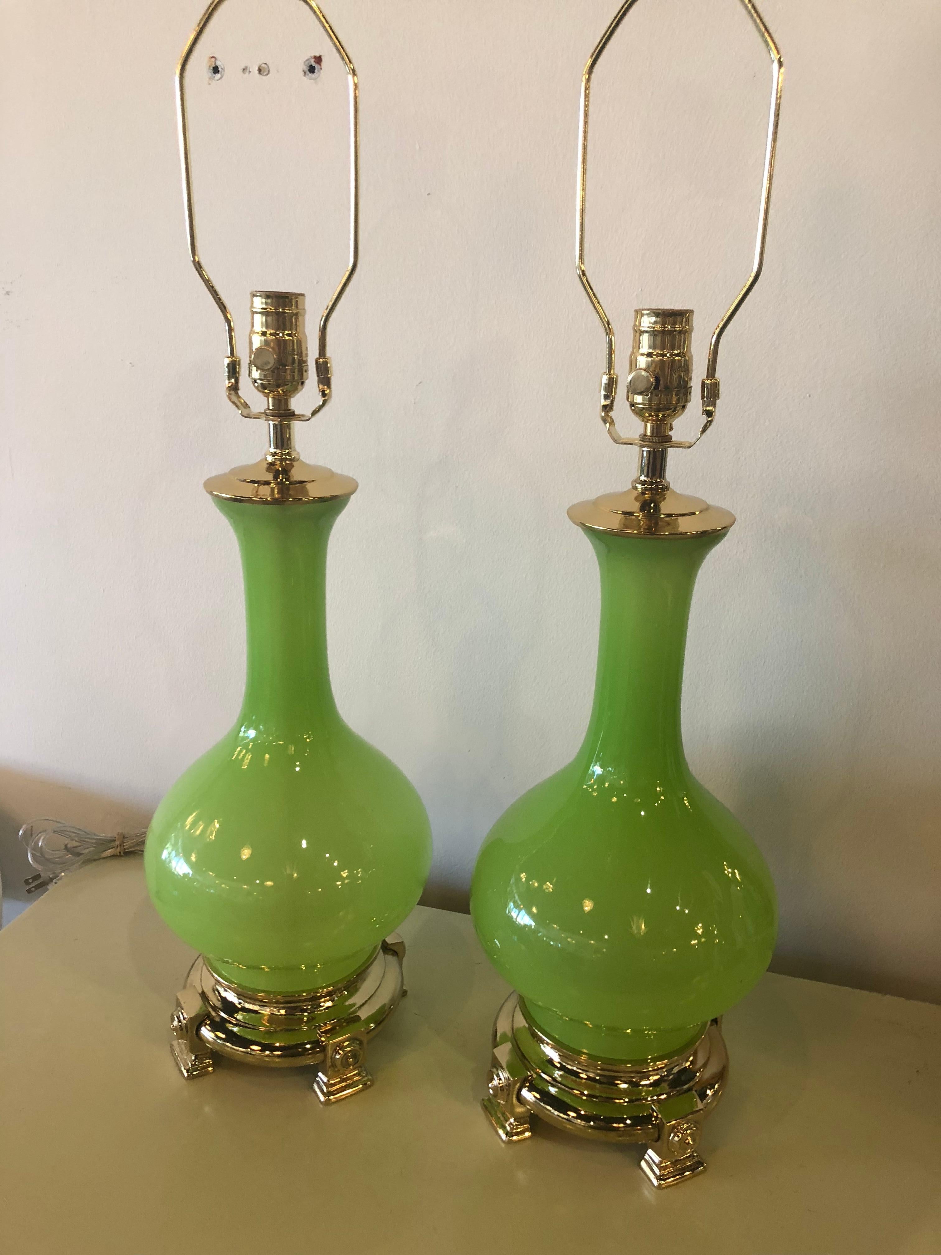 Vintage Paul Hanson Pair of Apple Green Opaline Glass Brass Table Lamps 3