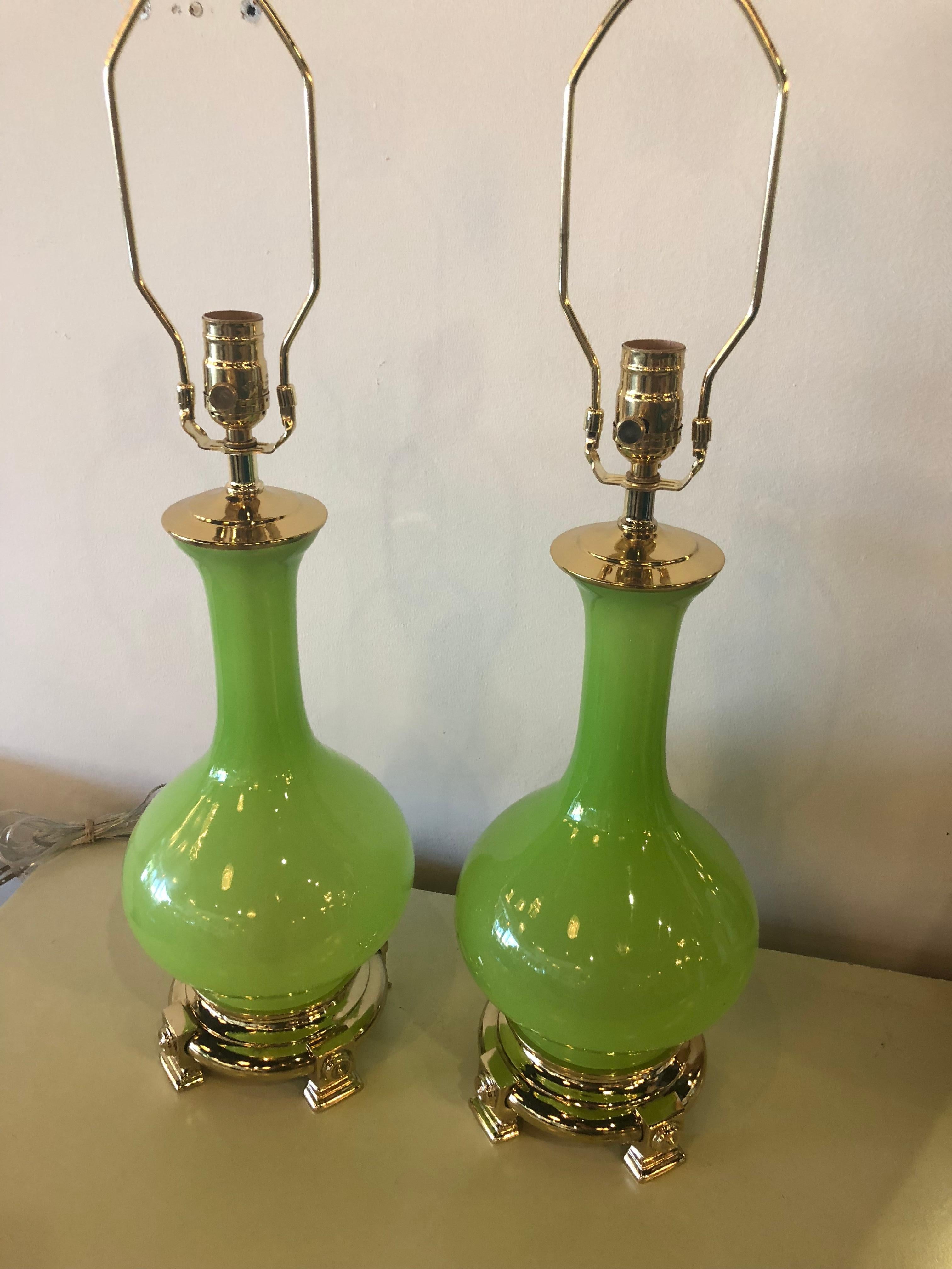 Vintage Paul Hanson Pair of Apple Green Opaline Glass Brass Table Lamps 4