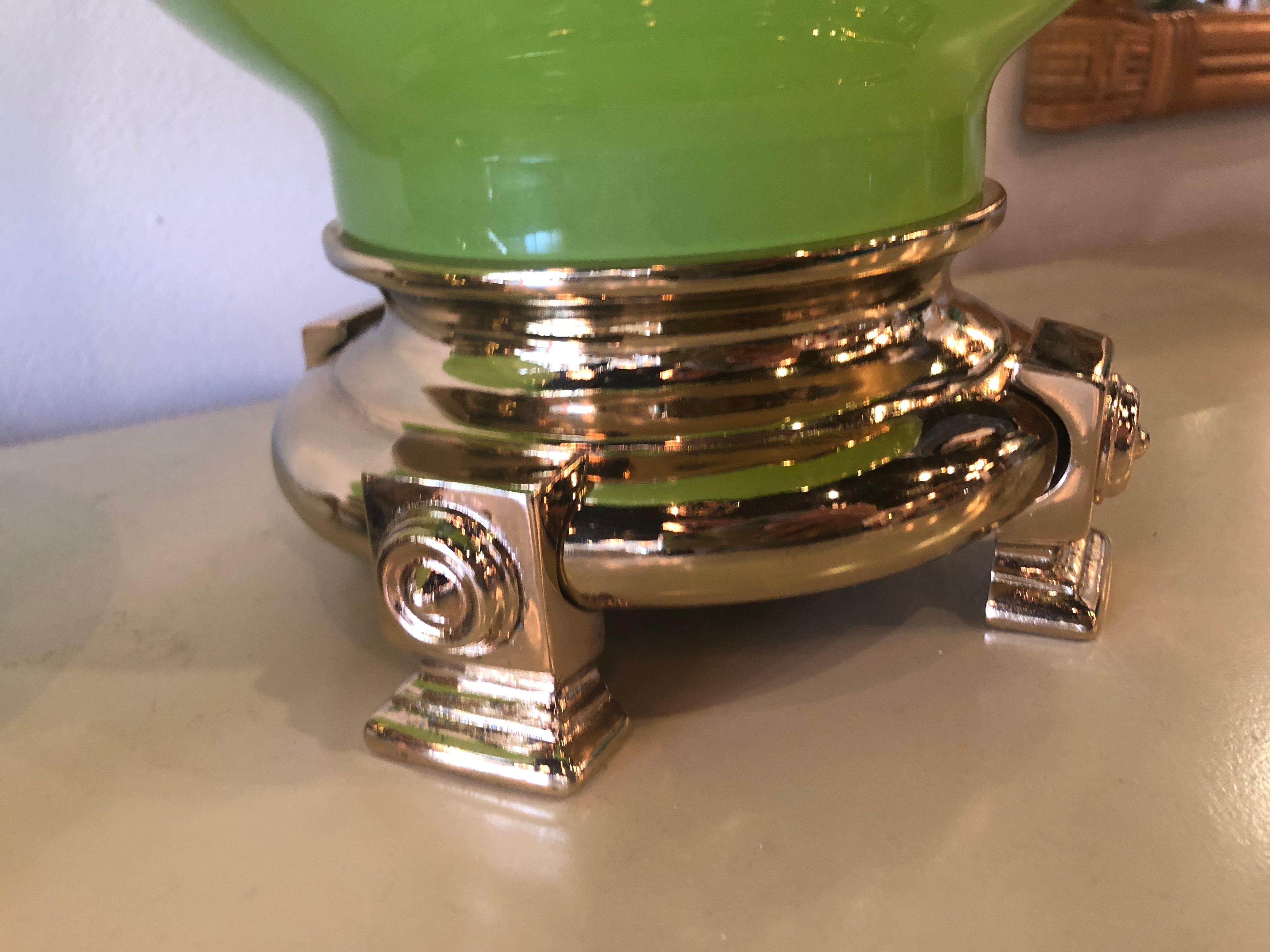 Amazing vintage pair of apple green opaline glass style table lamps by Paul Hanson. These have been completely restored to perfection! These have been rewired, all new brass hardware, Lucite finial. The bases are fantastic and original but have been