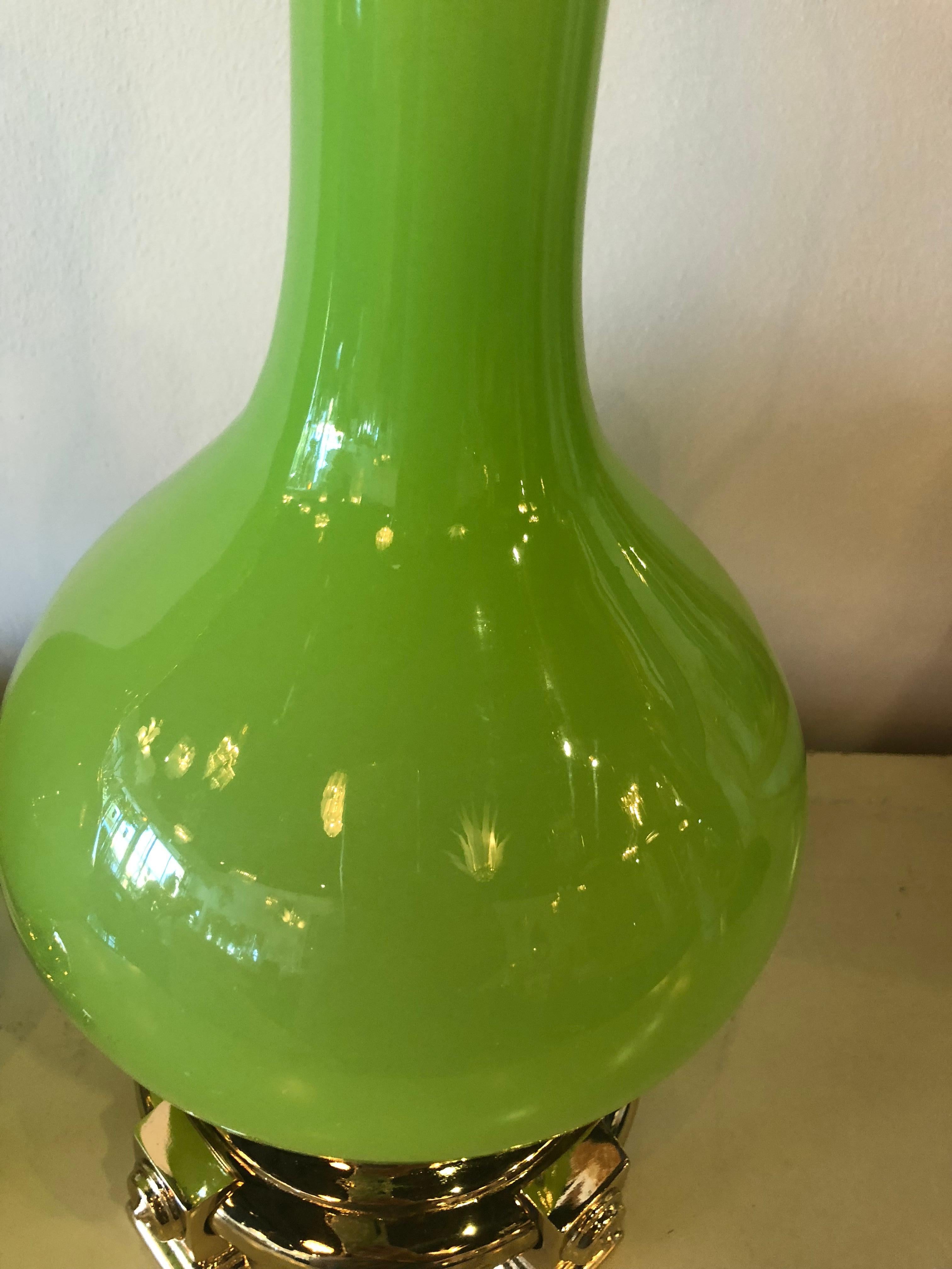 Hollywood Regency Vintage Paul Hanson Pair of Apple Green Opaline Glass Brass Table Lamps